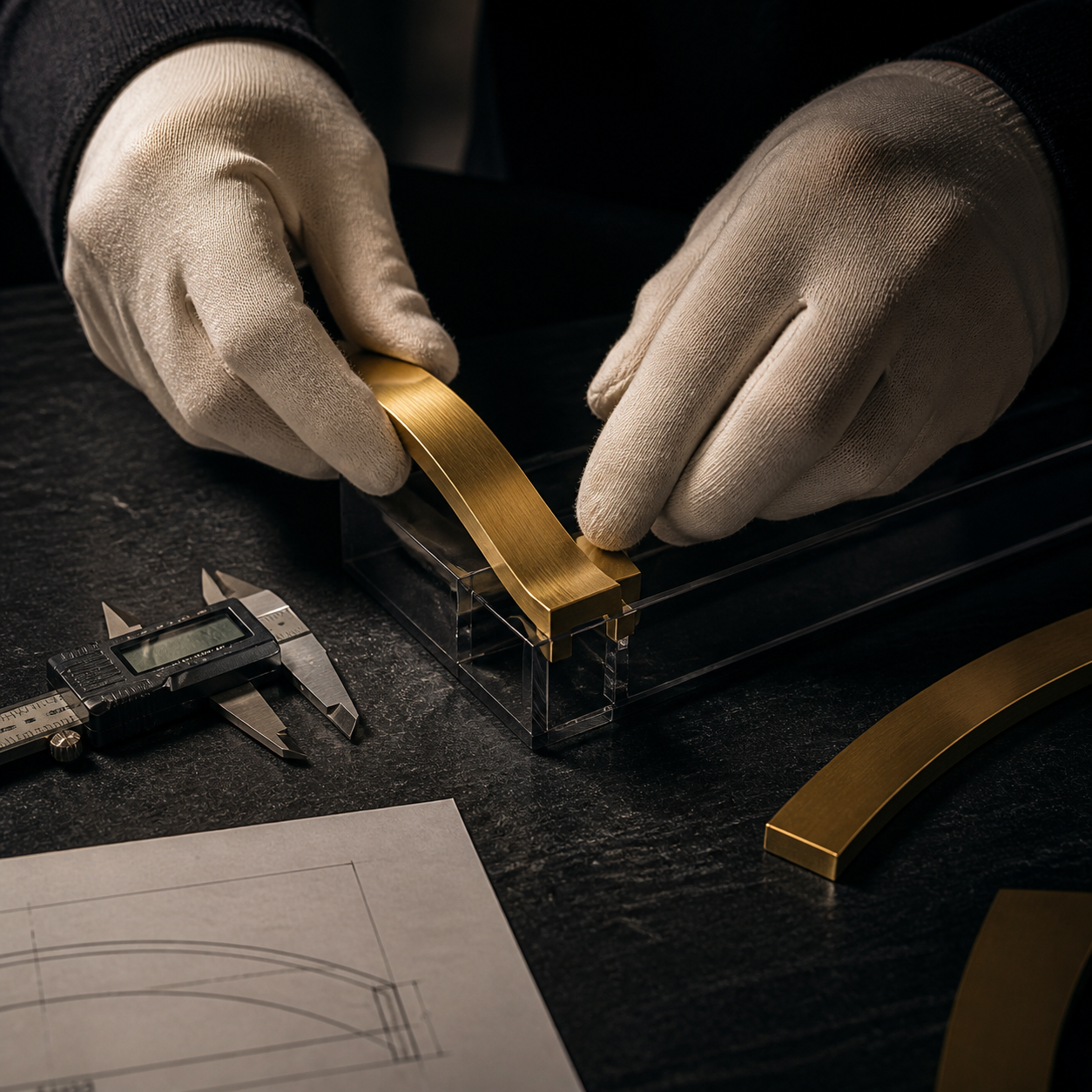 Concept render of gloved hands checking a brass and acrylic award fit