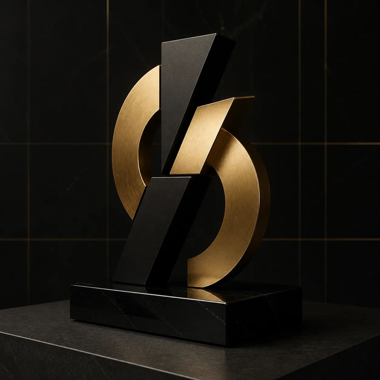 Concept render of an abstract company logo sculpture in brass and obsidian