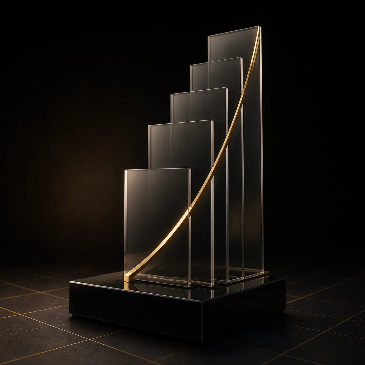 Concept render of a layered funding milestone monolith with a brass trajectory