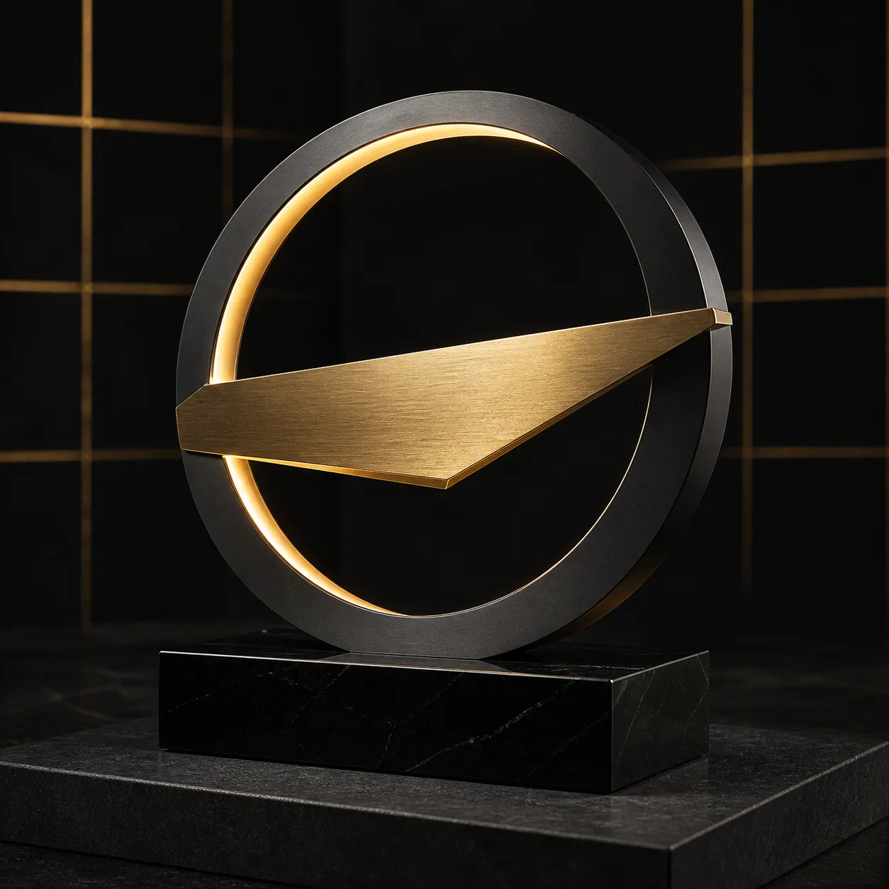 Concept render of an illuminated circular event trophy with a brass plane