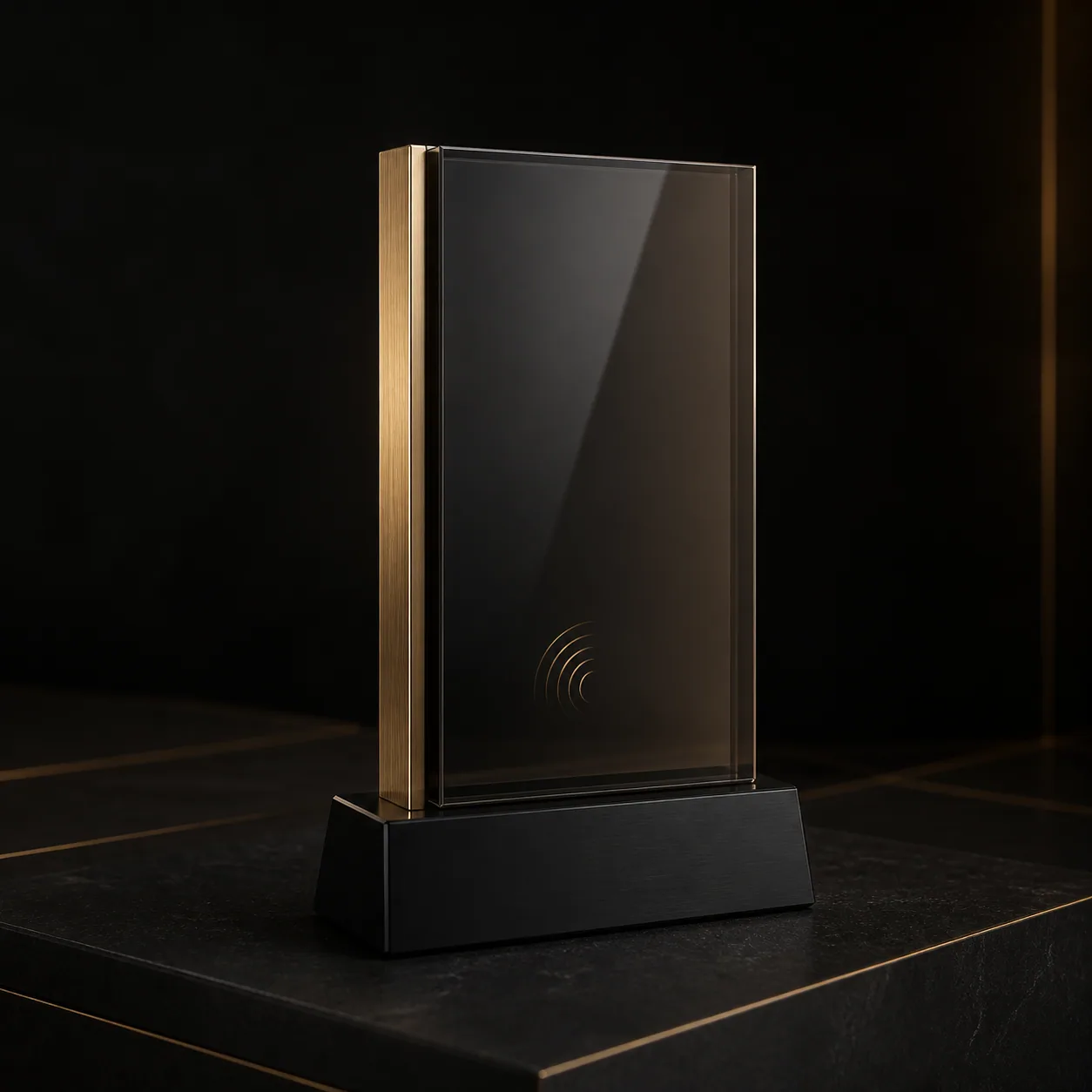 Concept render of a smoked-glass NFC award with a brass side spine