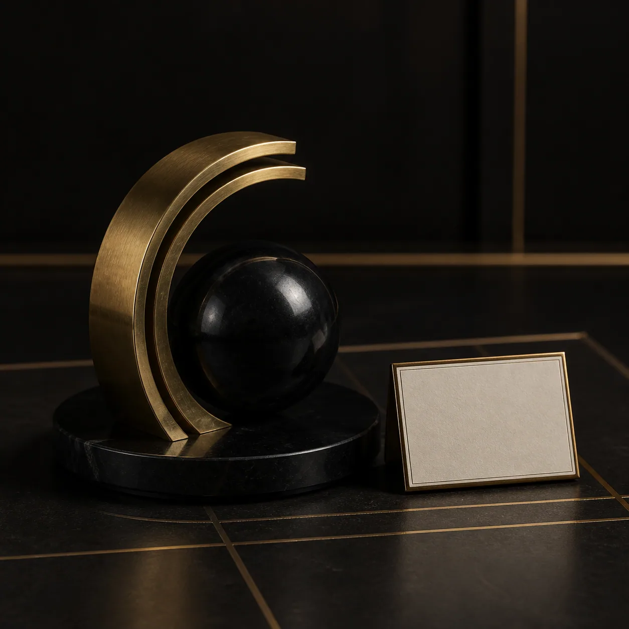 Concept render of a limited-edition brass and obsidian client gift with provenance card