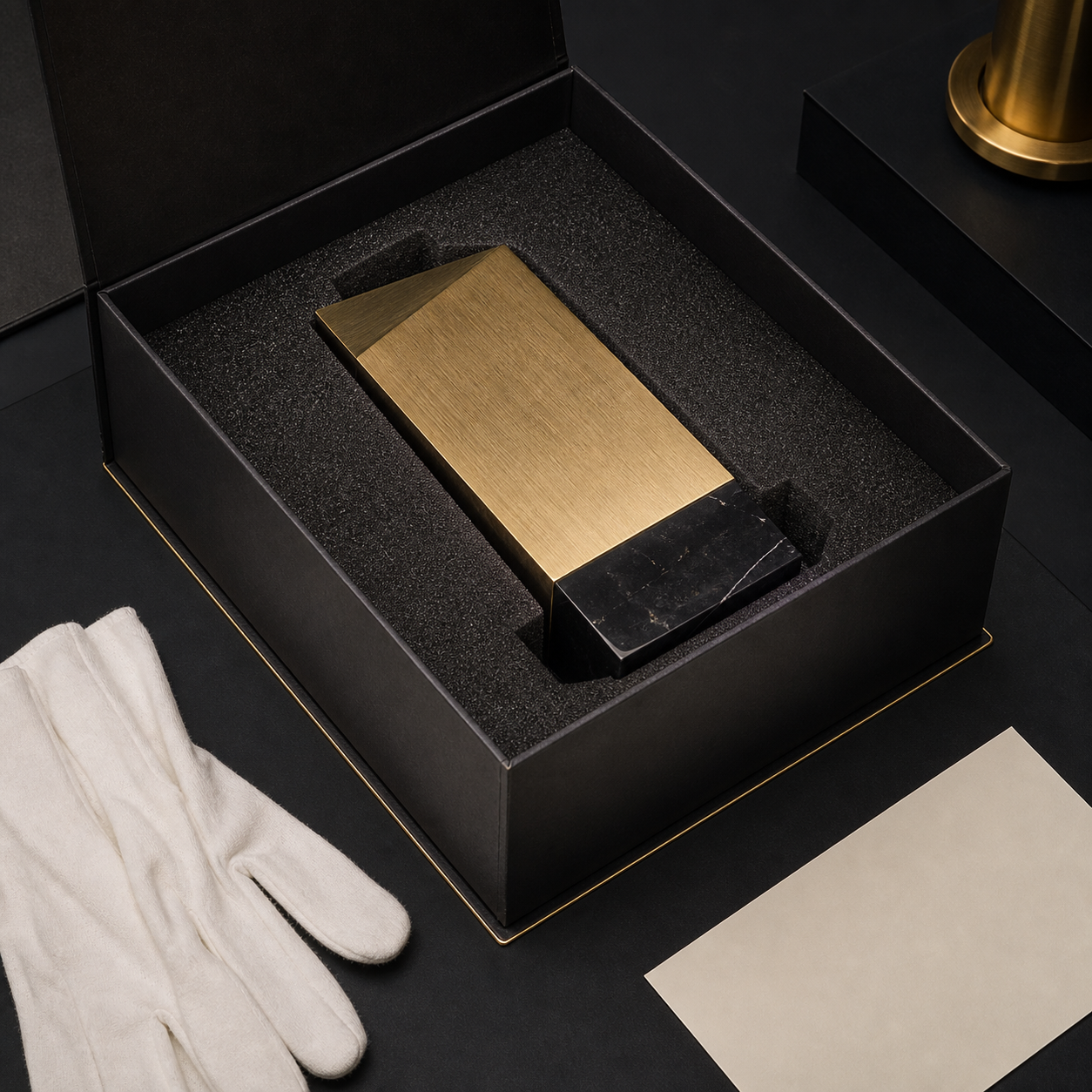 Concept render of a brass award protected in a foam presentation box