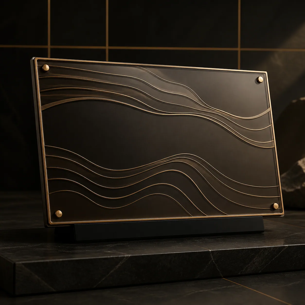 Concept render of a landscape retirement story plaque with brass contours