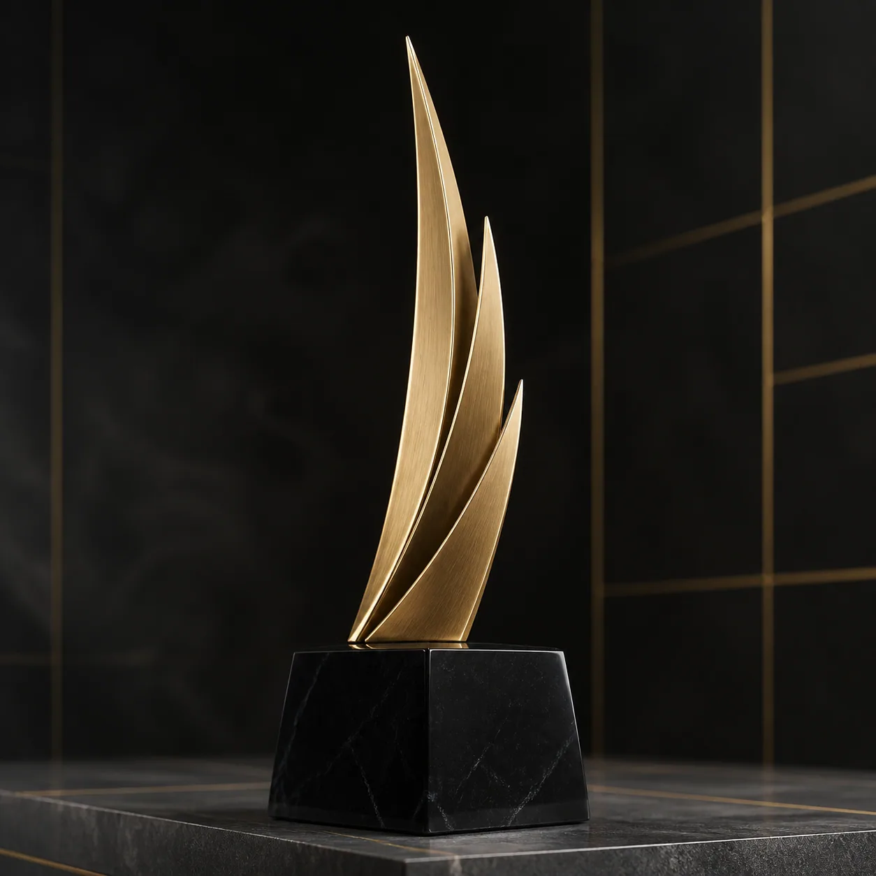 Concept render of three ascending brass blades on an obsidian trophy base