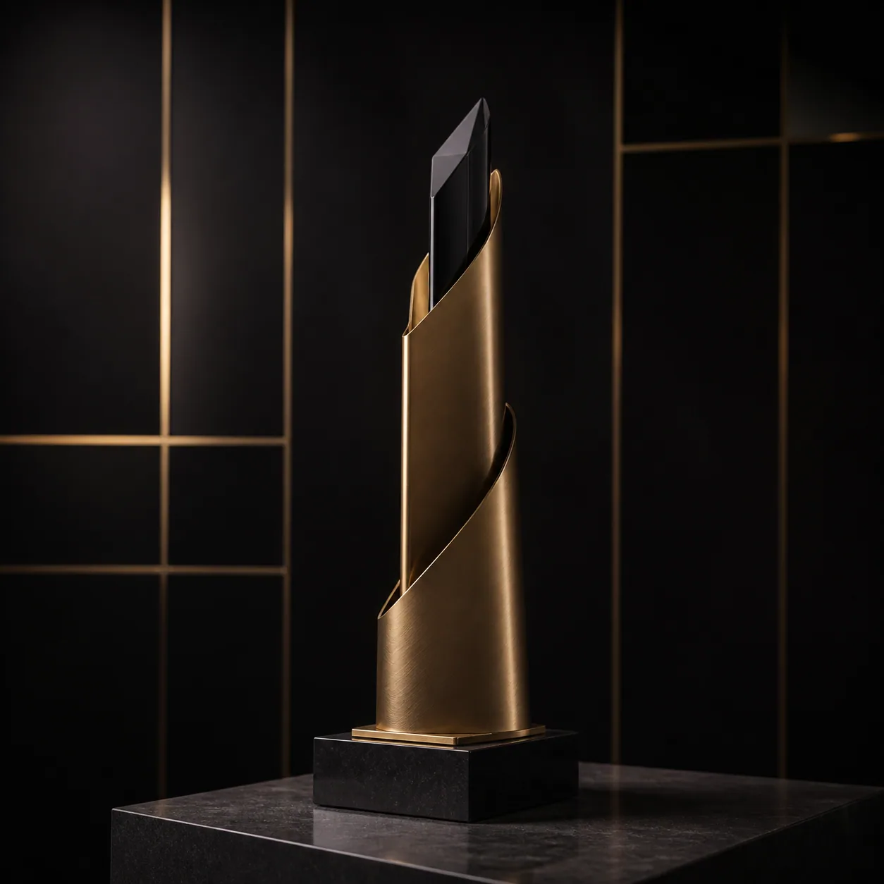 Concept render of a folded brass top-performer ribbon trophy