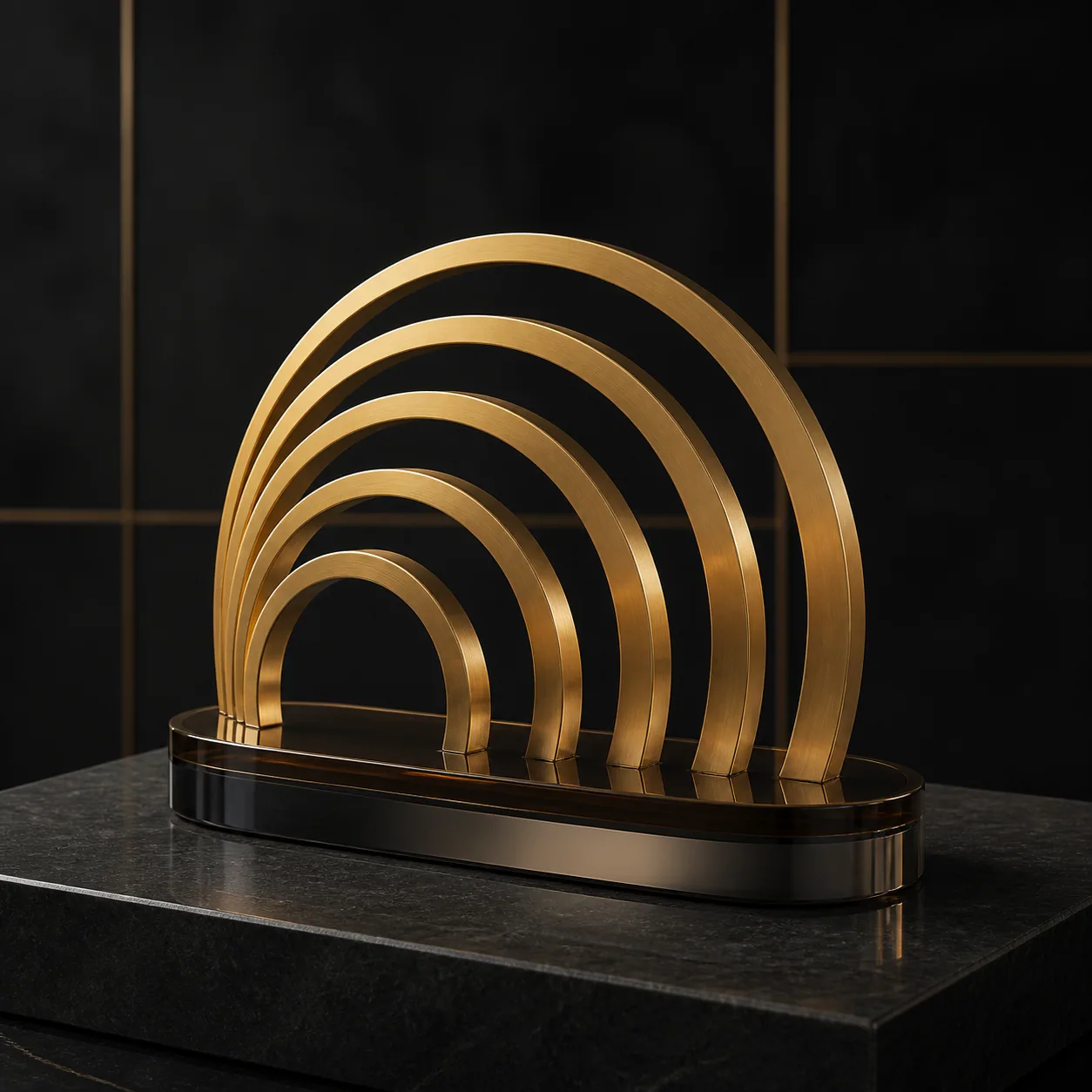 Concept render of nested brass arcs forming a work anniversary trophy